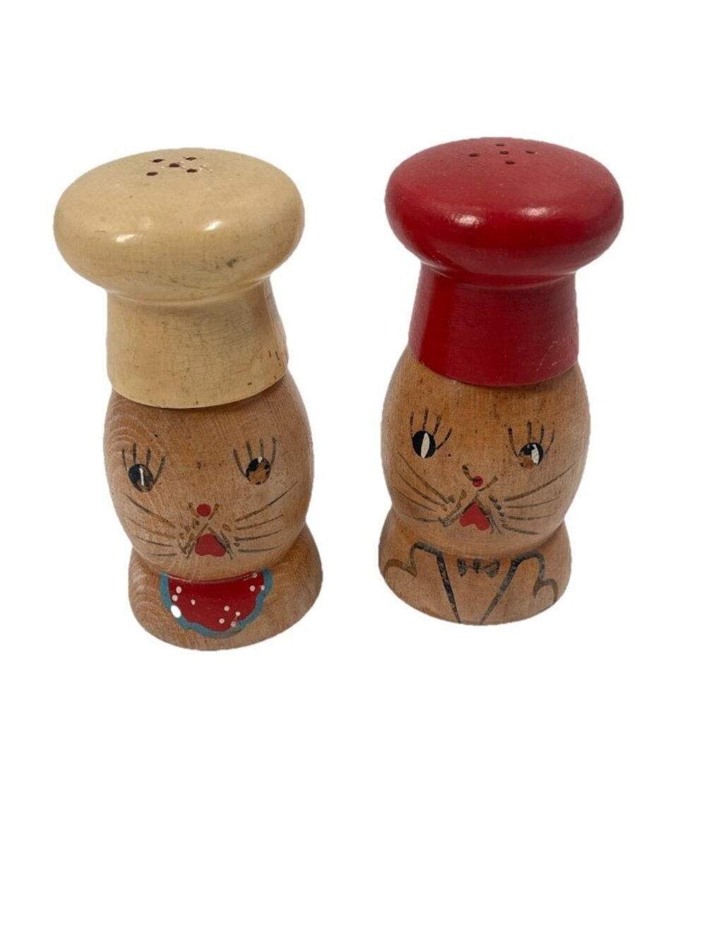 Vtg Wooden Salt Pepper Shakers Anthropomorphic Chef Couple Hand Painted Folk Art